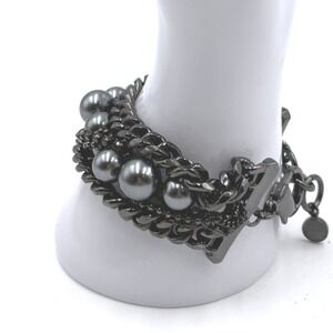 Vintage GIVENCHY Heavy Gunmetal Chain Pearl Toggle Bracelet Rhinestone Jewelry